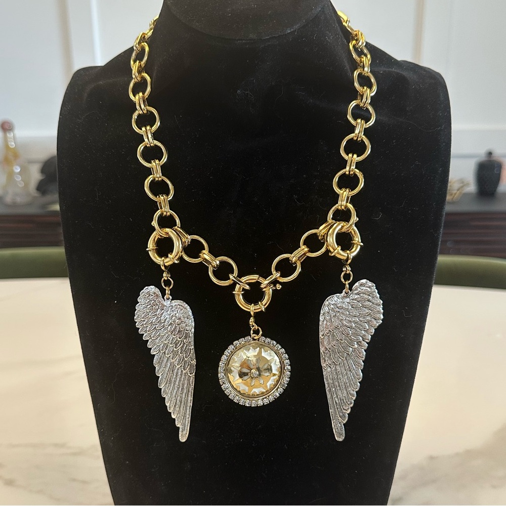 TOVA - Gold Plated Chain Charm Necklace w/ Angel Wings and Crown pendant